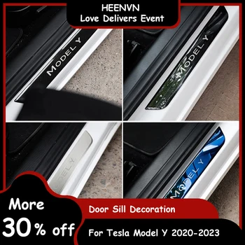 Heenvn ModelY Украшение дверного порога Обертка Крышка для Tesla Model Y 2023 Аксессуары Защитная полоса педали Модель y Углеродное волокно