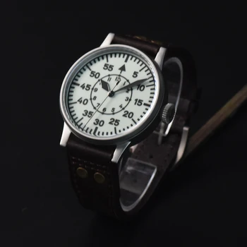 Hruodland Мужские ретро пилотные часы 42 мм с белым циферблатом сапфировый супер светящийся автоматический кожаный ремешок