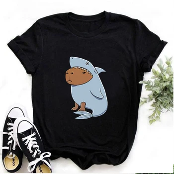 Kawaii Capybara Shark Costume Графическая футболка Симпатичная Capybara Taco Мультяшный принт Футболка унисекс Уличная одежда с о-образным вырезом Женская/мужская футболка