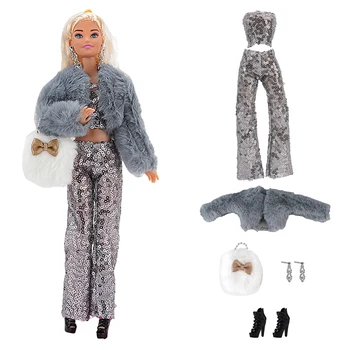 NK 1 комплект Кукла принцесса аристократическое платье: серая плюшевая куртка + блестящая одежда + аксессуары для куклы Барби DIY Модная одежда
