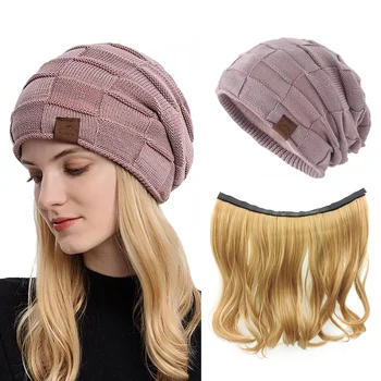NOOFNO Осенне-зимняя шапочка-бини для женщин,Вязаная теплая толстая шапка-бини с волосами, Светлый парик в шляпе