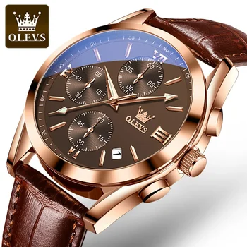 OLEVS 2872 Кварцевые многофункциональные изысканные мужские наручные часы, PU Strap Спортивные водонепроницаемые часы для мужчин Светящийся хронограф