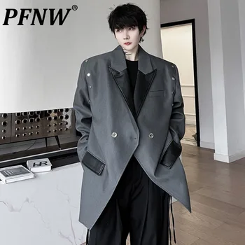 PFNW Двубортные мужские костюмные куртки с заклепками Korean Fahsion Male Blazer Patch Кожаные пальто High Street Coats Осень 2023 Новинка 28W1273