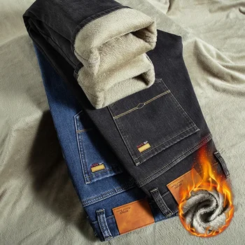 Plus Размер 40 42 44 46 Зимние теплые мужские свободные джинсы Деловая мода Эластичные ткани Флис Утолщенные джинсовые брюки Мужской