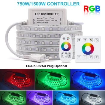RGB светодиодная лента водонепроницаемая 5050 AC 110 В 220 В Светодиодная лента 60 светодиодов / м Настенная сенсорная панель и пульт дистанционного управления с разъемом контроллера