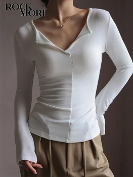 Rockmore Простая однотонная футболка с длинным рукавом Slim Fit V-образным вырезом Топ Мода Повседневные Женщины Элегантный Базовый Нижний Пуловер Корейский