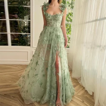 Sage Green 3D Lace Butterfiles Sweetheart Выпускные платья 2023 года Спагетти на бретелях A-Line с высоким разрезом Вечернее платье феи