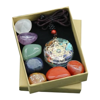 Seven Chakra Set Natural Aura Смешанный кристалл Украшение для дома Исцеление Полированные драгоценные камни Коллекция Амулет Ожерелье