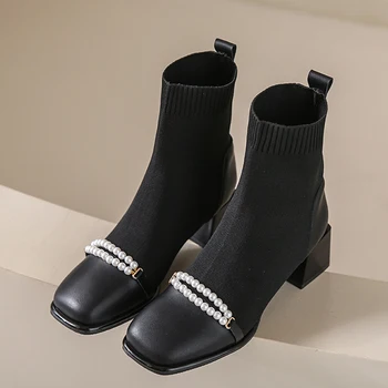 String Bead Stretch Boots Женские туфли на высоком каблуке Ботинки челси 2023 Зима Новый бренд Коренастые ботильоны Насосы Goth Femme Botas
