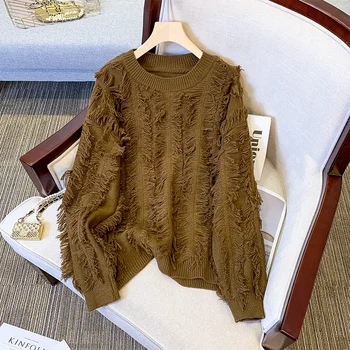 SuperAen 2023 Осень Новый большой женский дизайн с кисточками Круглый вырез Однотонный пуловер Универсальный свитер