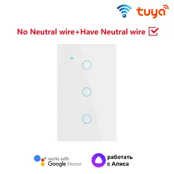 Tuya WiFi Умный выключатель света США Нейтральный провод / Нет Нулевой провод Требуется Настенный сенсорный переключатель типа 120 Работа с Alexa, Home