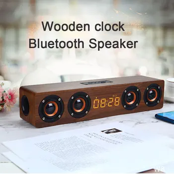 USB Bluetooth-динамики 4 динамика Деревянный саундбар Сабвуфер Звуковая колонка со светодиодными часами Дисплей FM-радио Звуковая система Бумбокс