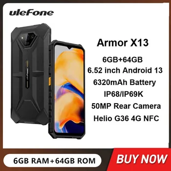 Ulefone Power Armor X13 Прочные водонепроницаемые смартфоны Восьмиядерный 6 ГБ + 64 ГБ Android 13 Мобильный телефон 6,52 дюйма HD 50 МП 6320 мАч NFC