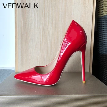 Veowalk Solid Glossy Red Женские туфли на шпильке с острым носком 12 см 10 см 8 см Обувь на высоком каблуке для свадебных цветов Настраиваемые