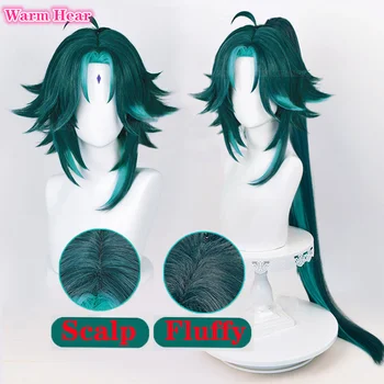  Xiao 100 см Косплей Парик Genshin Impact Косплей Сяо 40 см Короткие зеленые термостойкие парики из синтетических волос Наклейки + Шапка для парика