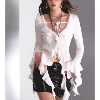 Y2k Эстетичная тонкая рубашка с оборками Нестандартные блузки Осень с длинным рукавом Блузки в уличном стиле Модный топ на шнуровке с V-образным вырезом