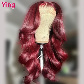 Ying Темно-бордовый 34 дюйма Body Wave 13x6 Кружевной фронтальный парик Remy Hair 13x4 Кружевной передний парик PrePlucked 5x5 Прозрачный кружевной парик