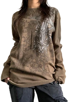 y2k Fairycore гранж топы готика эстетика 90-х годов одежда женщины винтаж графический цветочный принт с длинным рукавом кавайные футболки футболки топы