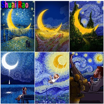 Абстрактный Лунный пейзаж Алмазная мозаика Ван Гог звездное небо Алмазная живопись Вышивка Полное сверло Вышивка крестом домашний декор