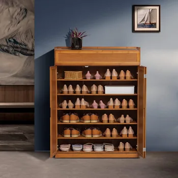 Бамбуковый 7-ярусный шкаф-органайзер для обуви со складной дверью Выдвижное отделение Каблуки Сапоги, Прихожая Прихожая, Коричневый