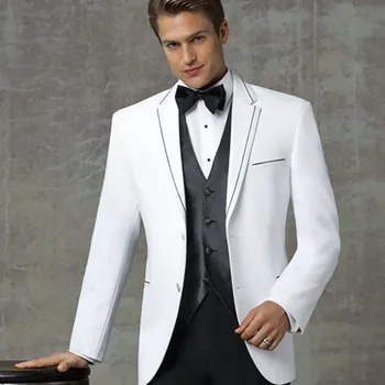 Белый пиджак Черные брюки Жилет Мужские костюмы из трех частей Блейзер Hombres Зубчатый лацкан Sing Breasted Свадебная одежда Slim Fit Costum