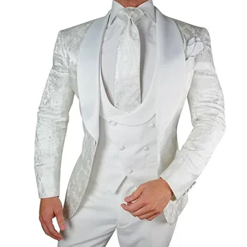 Белый свадебный смокинг с цветочным принтом для жениха 3 шт. Узкий крой Мужские костюмы с атласной шалью Лацкан на заказ Мужская мода Костюм Куртка Жилет