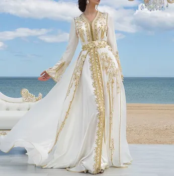 Белый шифон Роскошные вечерние платья Золотые кружевные аппликации Марокканский кафтан Дубай Материнское платье Арабский мусульманин Особый случай