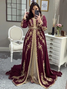 Бордовый Марокканский кафтан Кафтан Мусульманские вечерние платья А-силуэт с длинными рукавами Аппликации Дубай Арабский Турция Абая Исламское платье