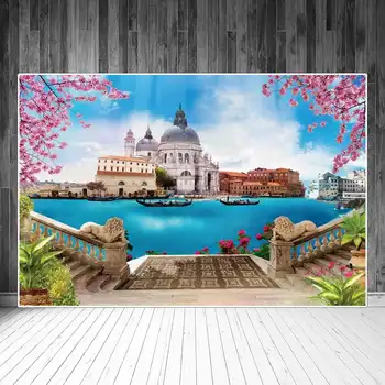 Венеция Италия Платформа на берегу реки Живописные декорации Фотография Фоны Винтажные здания Цветы Лестницы Лодки Фото Фоны