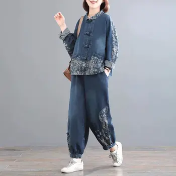 Весенний и осенний комплект платьев Корейская мода с принтом на пуговицах Джинсовый комплект Женское двухкомпонентное джинсовое пальто 9-точечные брюки