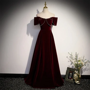 Вечернее платье Бордовый бархат с открытыми плечами Короткие рукава А-силуэт Длина пола Плюс размер Индивидуальные Женщины Вечеринка Вечернее платье