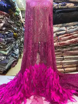 Высококачественная французская сетка Последовательность африканских блесток 3D Перо Бисер Кружева Ткань Роскошное свадебное платье Бусины 5 ярдов
