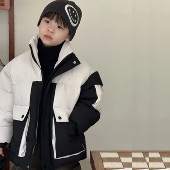 Детская зимняя одежда для мальчиков Корейские дети Черно-белое пальто с большими карманами Утолщенная теплая ветрозащитная куртка