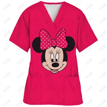 Женская одежда для медсестер Disney Minnie Mickey Print Nursing Scrubs Футболка Топы Повседневная С коротким рукавом V-образный вырез Карман Женская униформа