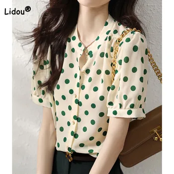Женская повседневная корейская шифоновая блузка с принтом в горошек темперамент Всематчевая женская одежда Однобортная рубашка с круглым вырезом