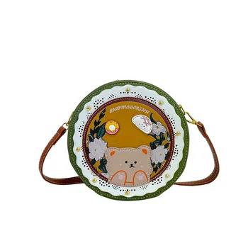 Женская сумка 2023 осень и зима новая ретро медвежий принт полая маленькая круглая сумка ниша дизайн сумка через плечо