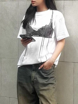 Женские летние свободные топы Y2k Короткие рукава с круглым вырезом 3D бюстгальтер с принтом Мода Повседневная готическая футболка