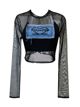 Женщины Kpop Cyber Coquette Набор из двух частей Марлевые тонкие футболки O-образный вырез Прозрачные футболки Длинный рукав Y2k Streetwear Gyaru Укороченные топы