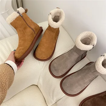 Женщины Зимние теплые зимние сапоги из овечьего волоса Корейские причинно-следственные толстые пушистые плюшевые замшевые короткие сапоги 2024 Модная платформа Cotten Shoes
