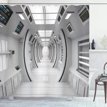 Занавеска для душа из космоса,Космический корабль Космическая станция Комната управления научной фантастикой Рекомендуемые станции Занавески для ванной комнаты,Крючки