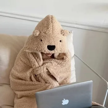 Зимнее флисовое одеяло с капюшоном для медведя Теплое одеяло для офиса, спальни, гостиной, носимое мягкое милое одеяло, платок-шаль