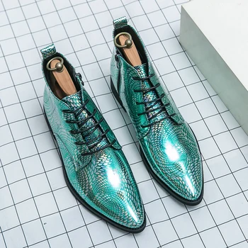 Зимние роскошные классические сапоги Британский стиль Мужские блестящие кожаные сапоги Зеленая деловая обувь Мужская свадебная обувь Ботинки челси на шнуровке