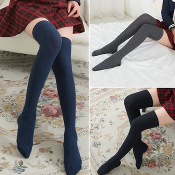  Зимние теплые трикотажные длинные чулки для женщин Однотонные компрессионные носки выше колена Эластичные леггинсы до бедра Длинные носки-трубки