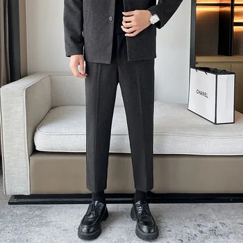 Зимние толстые костюмные брюки Мужские повседневные прямые драпировки Корейская классическая мода Бизнес Шерстяная ткань Формальные брюки Мужской A130