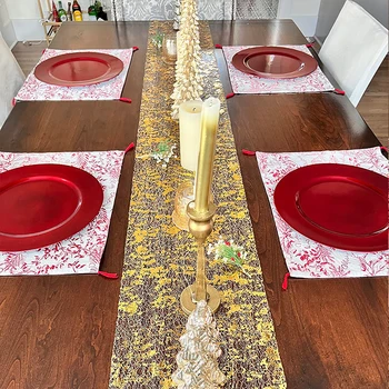 Золотой бегун для стола Свадебное украшение Золотой бегун для стола Вечеринка Goldfoil Mesh Ramadan Decor С пайетками Тонкая рулонная обеденная скатерть