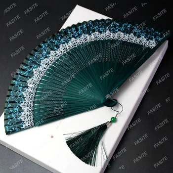 Изменяющий цвет кроненный веер женский складной веер кружевной модный складной веер Ханьфу фотография Зеленый Черный Зеленый веер