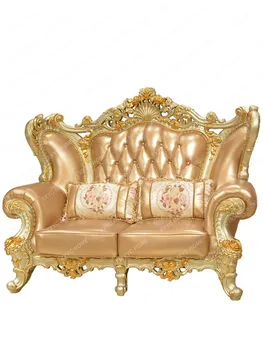 Кожаный диван в европейском стиле 123 Комбинация Роскошная гостиная Вилла Американский диван из массива дерева U-образная мебель цвета шампанского