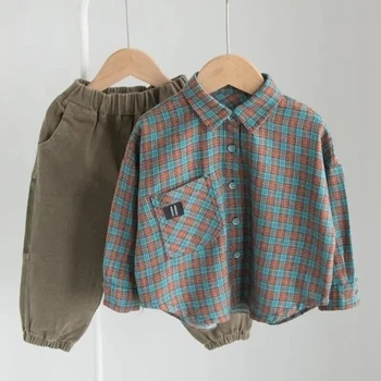 Комплект детской одежды Весна и осень Новая корейская детская клетчатая рубашка + брюки Набор из 2 предметов Детский повседневный комплект