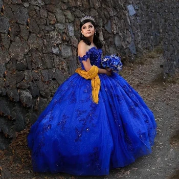 Королевский синий Бальное Платье Quinceanera Платья 3D Цветочная Аппликация Бисероплетение Принцесса День Рождения Выпускной Платье Vestidos de 15 años