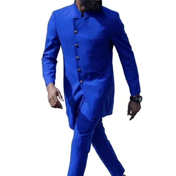 Королевский синий воротник стойки Длинное пальто с косыми пуговицами Мужские костюмы Обычный крой 2 шт. Блейзер с брюками Комплекты повседневный повседневный костюм Homme